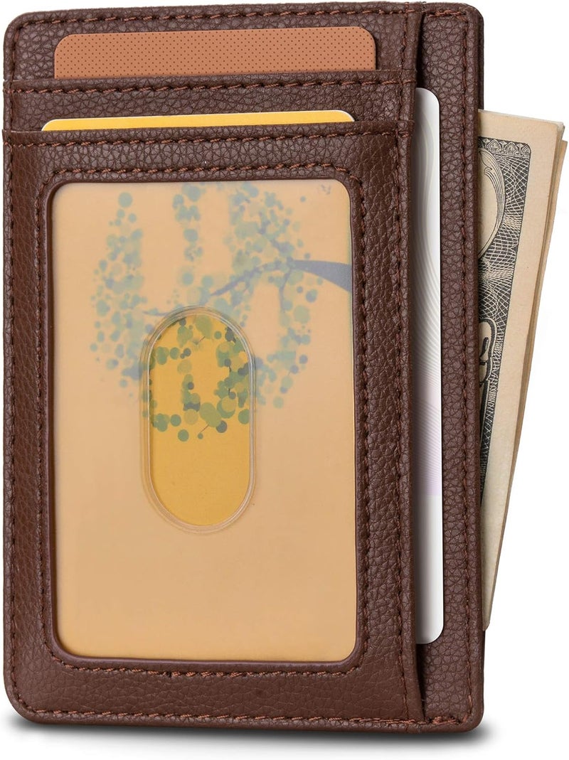 Buffway Slim Minimalist Front Pocket RFID Blocking Leather Wallets for Men and Women - Lichee Coffee - Image 2