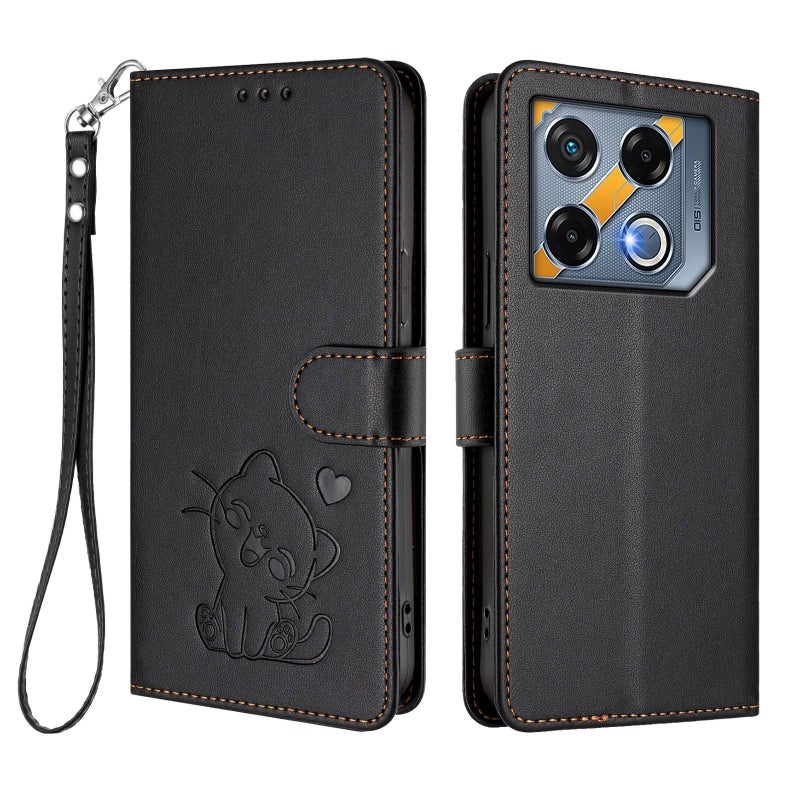 إيروريكس جراب هاتف من الجلد المنقوش على شكل قطة لهاتف Infinix GT 20 Pro 5G مع حزام يد (أسود) - Image 2