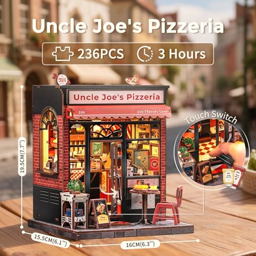 CUTEBEE Book Nook Kit DIY Miniature House Dollhouse Kit for Adults and Teens Booknook Tiny House Pizza Shop Bookshelf Decor 3D Wooden Puzzle Gifts for Family Friends Uncle Joes Pizzeria - Image 5