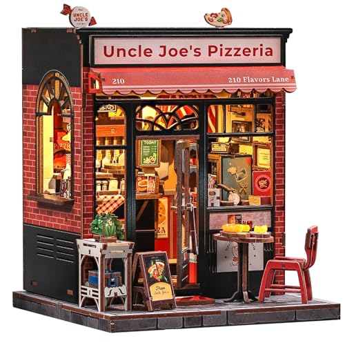 CUTEBEE Book Nook Kit DIY Miniature House Dollhouse Kit for Adults and Teens Booknook Tiny House Pizza Shop Bookshelf Decor 3D Wooden Puzzle Gifts for Family Friends Uncle Joes Pizzeria - Image 1