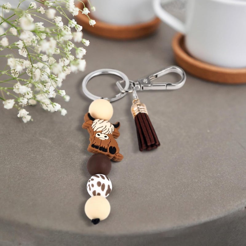 Highland Cow Keychain Set with Tassel - Pack of 3 , 14 . 5 cm Decorative Beaded Design - Image 5