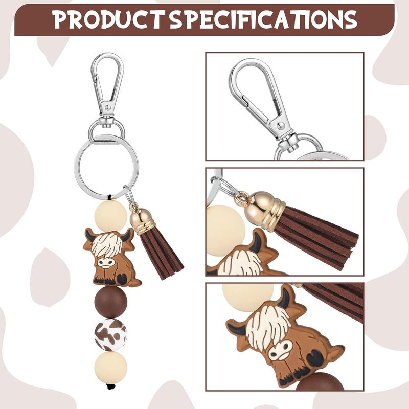 Highland Cow Keychain Set with Tassel - Pack of 3 , 14 . 5 cm Decorative Beaded Design - Image 3