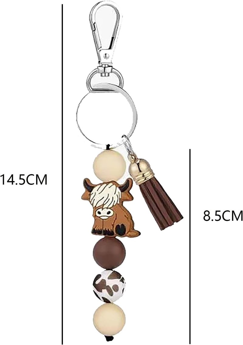 Highland Cow Keychain Set with Tassel - Pack of 3 , 14 . 5 cm Decorative Beaded Design - Image 2