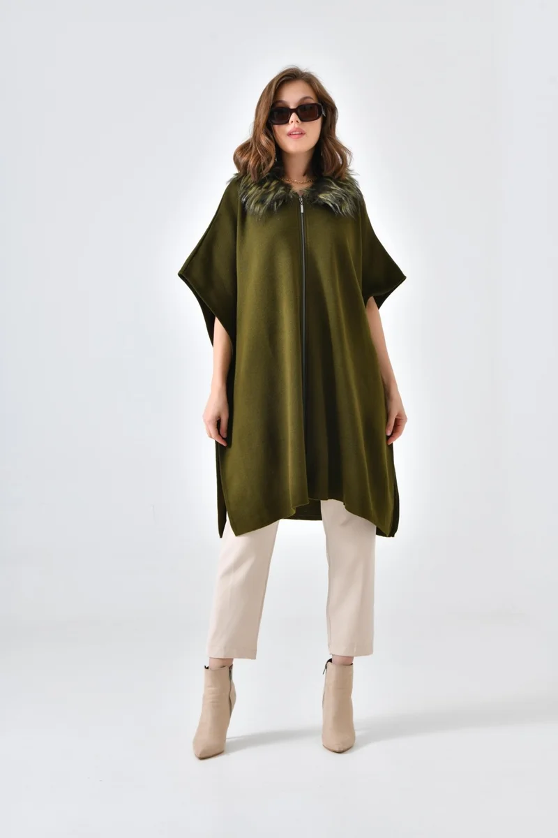 جارمي Ftz Women Women's Sewing Fur Detail Poncho Khaki