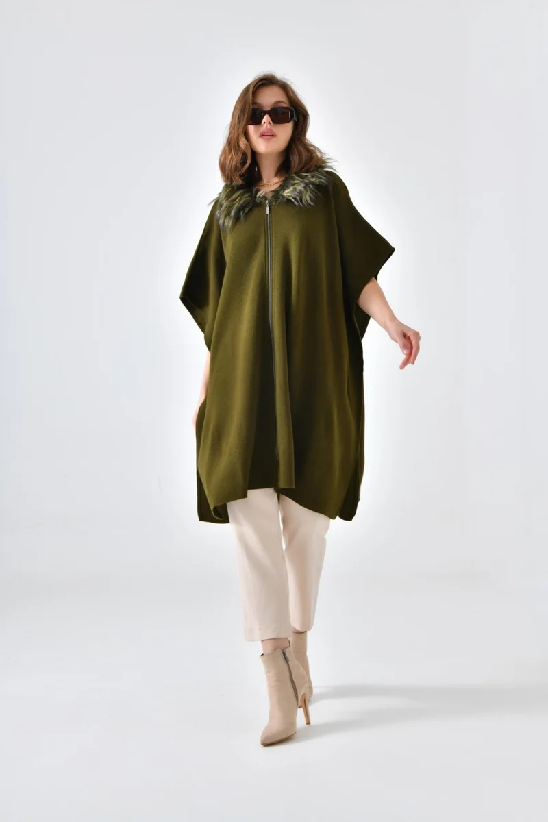 جارمي Ftz Women Women's Sewing Fur Detail Poncho Khaki