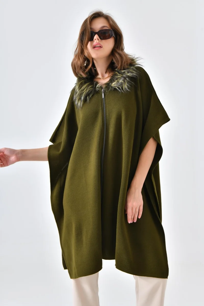 جارمي Ftz Women Women's Sewing Fur Detail Poncho Khaki