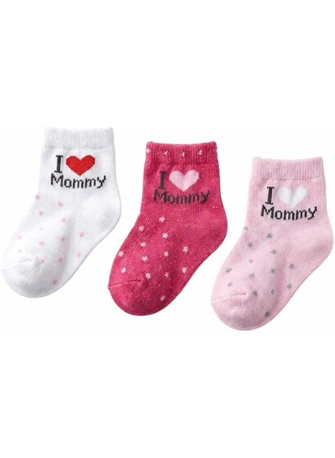 Baby cotton socks with an "I Love Mommy" design, 3-pack, white, pink, and fuchsia colors, for infants - Image 2