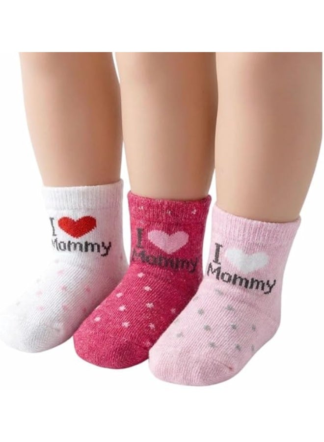 Baby cotton socks with an "I Love Mommy" design, 3-pack, white, pink, and fuchsia colors, for infants - Image 1