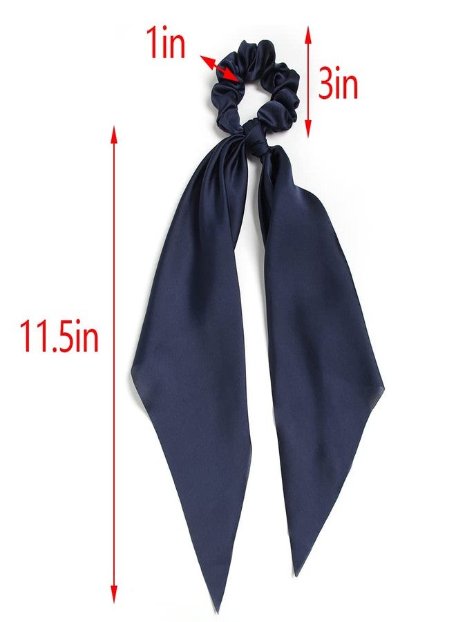 LFOUVRE Pack of 2 Knotted Bow Hair Scrunchies Elastic Hair Scarf Black Hair Ties Bands Satin Hair Ribbon Scrunchy Red Ponytail Holder for Women and Girls (Navy blue) - Image 5