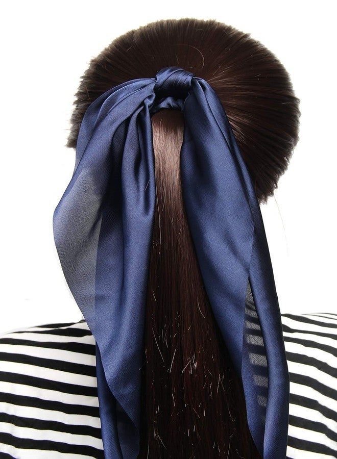 LFOUVRE Pack of 2 Knotted Bow Hair Scrunchies Elastic Hair Scarf Black Hair Ties Bands Satin Hair Ribbon Scrunchy Red Ponytail Holder for Women and Girls (Navy blue) - Image 4