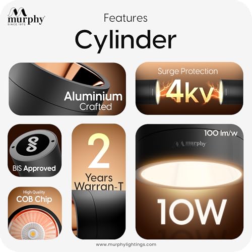 Murphy Aluminium 10W Black Body Cylindrical Surface Mounted Spot Light Down Light (Warm White, Pack Of 8) - Image 3
