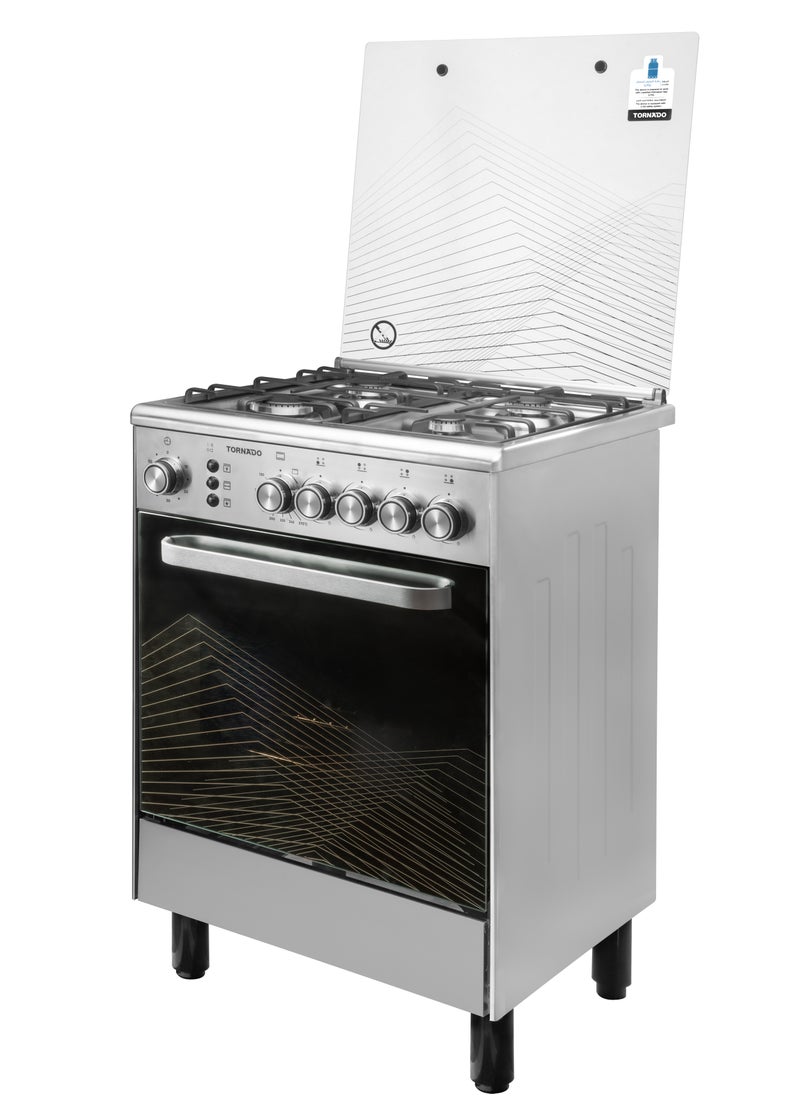 TORNADO - Tornado 60 x 60 cm Freestanding Cooker Full Gas Cooking Range with 4 Burners Automatic Ignition & full Safety Double Knob Cast Iron Pan Support, Stainless Steel Finish 6T403RC1X01SG - Image 1