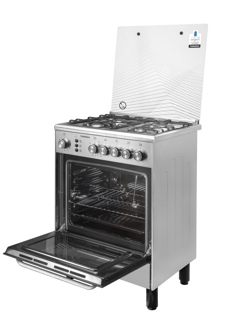 TORNADO - Tornado 60 x 60 cm Freestanding Cooker Full Gas Cooking Range with 4 Burners Automatic Ignition & full Safety Double Knob Cast Iron Pan Support, Stainless Steel Finish 6T403RC1X01SG - Image 1