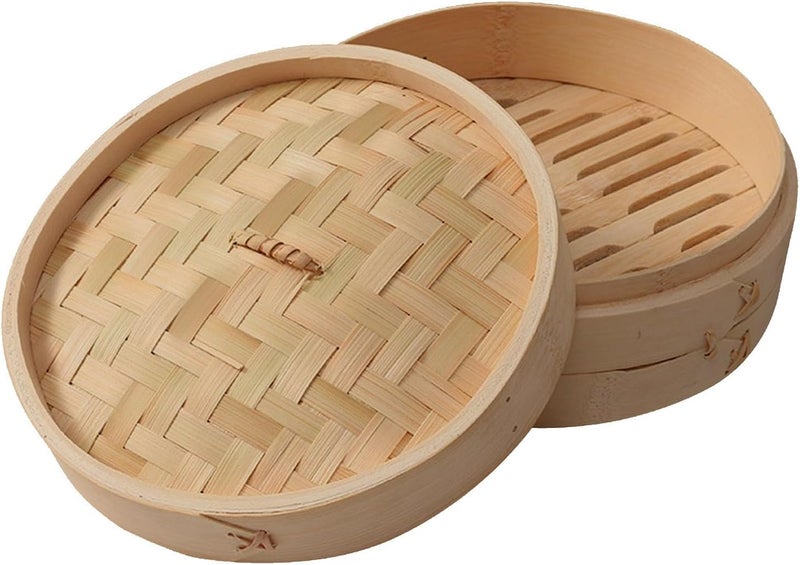Steamer Basket with Lid 18cm Natural Kitchen Food Steamer for Dumplings Vegetables Asian Cuisine Reusable Household Cooking Tool - Image 1