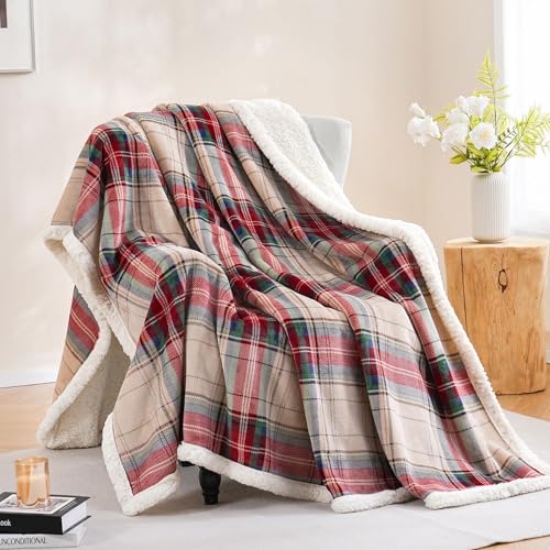 PU MEI Sherpa Fleece Throw Blanket 80" x 90" Reversible Plush Fluffy Large Big Blanket Lattice Flannel Blankets for All Season Use, Chrismas Red - Image 1