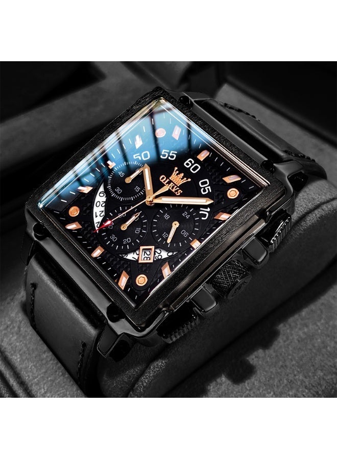 أوليفز ساعات OLEVS المربعة للرجال من الجلد البني كرونوغراف ساعة عمل أنيقة مضيئة ومقاومة للماء ساعات معصم كاجوال - Image 1