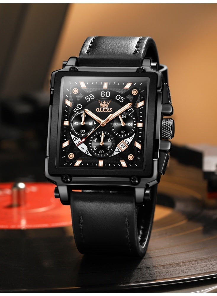 أوليفز ساعات OLEVS المربعة للرجال من الجلد البني كرونوغراف ساعة عمل أنيقة مضيئة ومقاومة للماء ساعات معصم كاجوال - Image 4