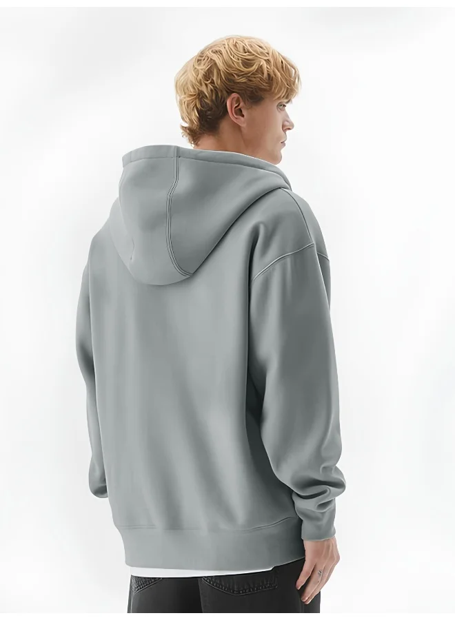 Maniac Maniac Men Solid Hooded Neck Full Sleeve Full Zipper Open Light Grey French Terry Loose fit Sweatshirt