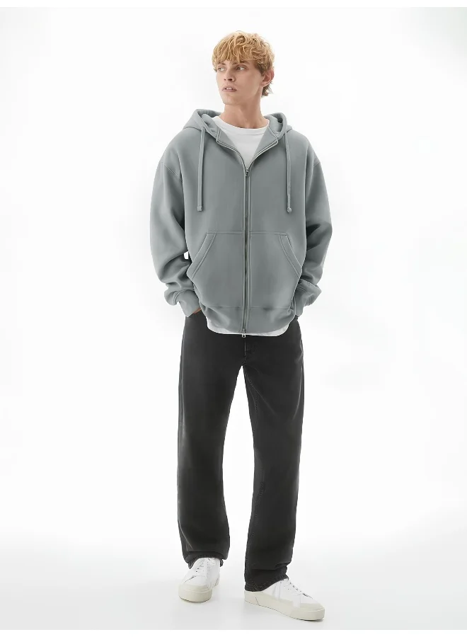 Maniac Maniac Men Solid Hooded Neck Full Sleeve Full Zipper Open Light Grey French Terry Loose fit Sweatshirt