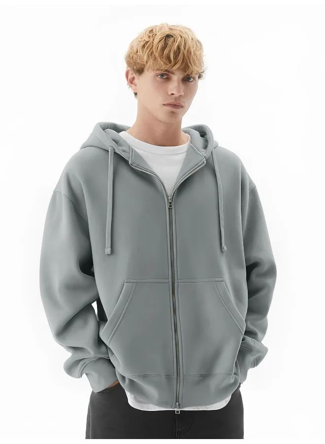 Maniac Maniac Men Solid Hooded Neck Full Sleeve Full Zipper Open Light Grey French Terry Loose fit Sweatshirt