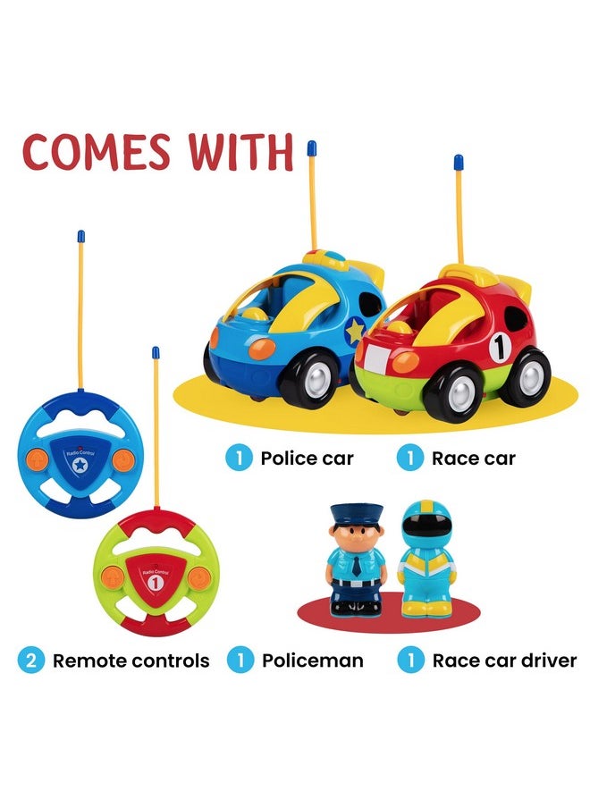 Prextex - 2 Pack Cartoon Remote Control Cars - Police Car And Race Car For Toddlers - Rc Cars For Kids With Different Frequencies - Easy Remote Control Toy For Boys And Girls - Toddler Gifts 18+ Months - Image 1