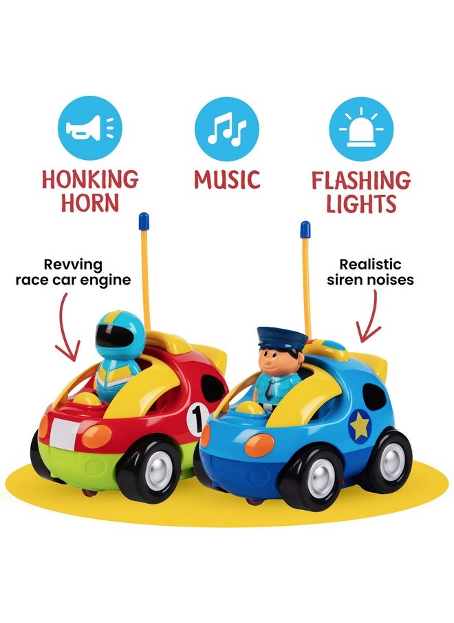 Prextex - 2 Pack Cartoon Remote Control Cars - Police Car And Race Car For Toddlers - Rc Cars For Kids With Different Frequencies - Easy Remote Control Toy For Boys And Girls - Toddler Gifts 18+ Months - Image 1