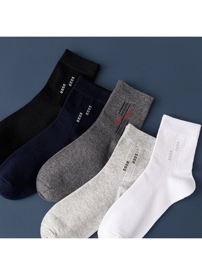 5 pairs of men's cotton round neck socks: mid to small legs, formal socks, moisture wicking, suitable for all seasons, striped pattern, multiple colors, suitable for business casual wear (5 colors) - Image 1