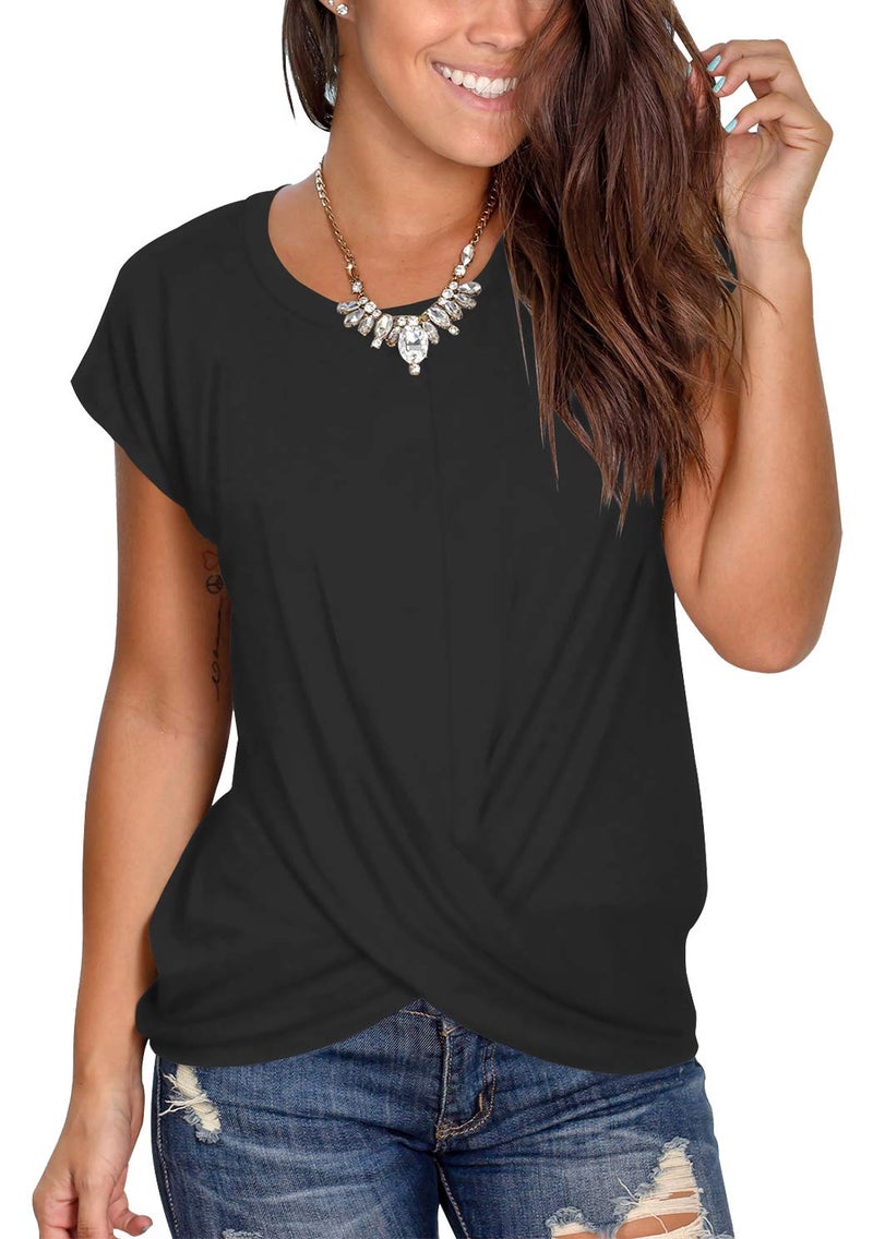 Jescakoo Women's Summer Twist Tops Solid Short Sleeve Workout Simple T-Shirts Black XL - Image 3