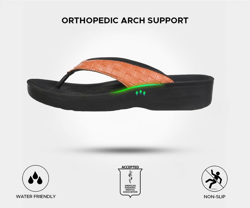 AEROTHOTIC Comfy Flip Flops for Women with Arch Support Orthotic Footbed Stylish Faux Leather Padded Straps with Soft Toe Post & Non-Slip Sole Slip On Casual Indoor and Outdoor Ladies Sandals (Clarus Tan, Size 8) - Image 5