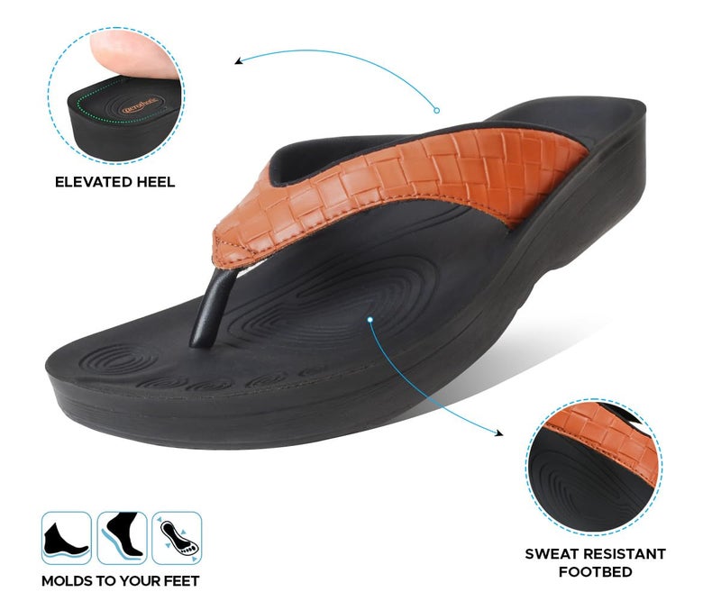 AEROTHOTIC Comfy Flip Flops for Women with Arch Support Orthotic Footbed Stylish Faux Leather Padded Straps with Soft Toe Post & Non-Slip Sole Slip On Casual Indoor and Outdoor Ladies Sandals (Clarus Tan, Size 8) - Image 4