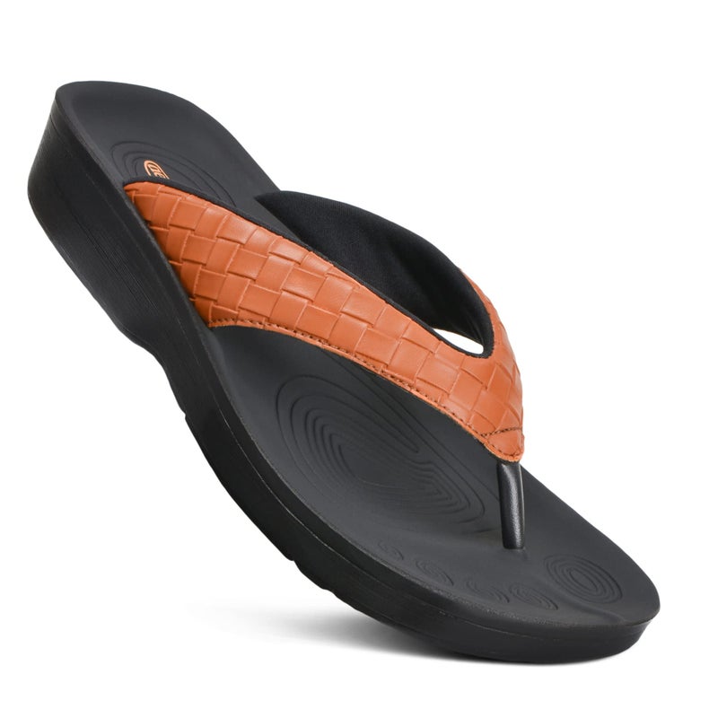AEROTHOTIC Comfy Flip Flops for Women with Arch Support Orthotic Footbed Stylish Faux Leather Padded Straps with Soft Toe Post & Non-Slip Sole Slip On Casual Indoor and Outdoor Ladies Sandals (Clarus Tan, Size 8) - Image 1