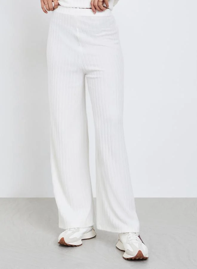 Styli Styli Off White Ribbed Knit Wide Leg Pants