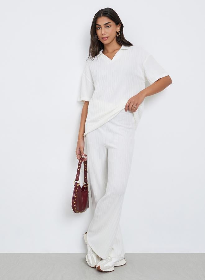 Styli Off White Ribbed Knit Wide Leg Pants - Image 1