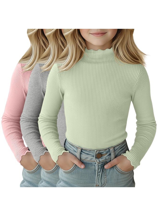 LessonZoo 3 Pack Girls Lettuce Trim Mock Neck Cotton Long Sleeve Shirts, 5-14 Years Ribbed Slim Tops Casual Layer Basic Tees, Light Pink, Light Gray, Light Green, 7-8 Years - Image 1