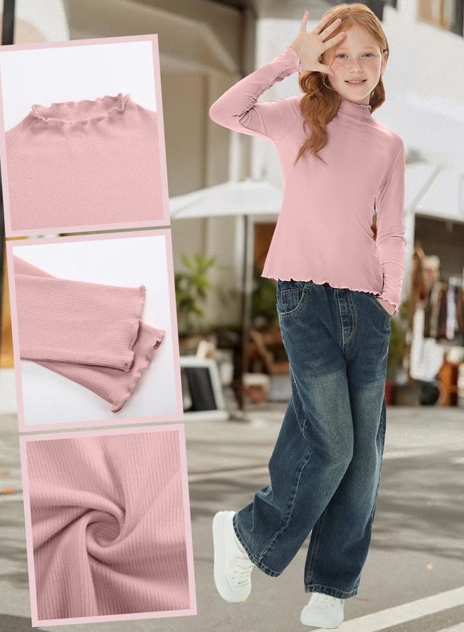 LessonZoo 3 Pack Girls Lettuce Trim Mock Neck Cotton Long Sleeve Shirts, 5-14 Years Ribbed Slim Tops Casual Layer Basic Tees, Light Pink, Light Gray, Light Green, 7-8 Years - Image 5