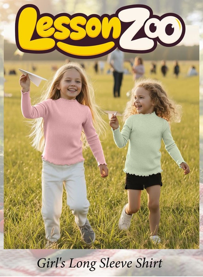 LessonZoo 3 Pack Girls Lettuce Trim Mock Neck Cotton Long Sleeve Shirts, 5-14 Years Ribbed Slim Tops Casual Layer Basic Tees, Light Pink, Light Gray, Light Green, 7-8 Years - Image 3