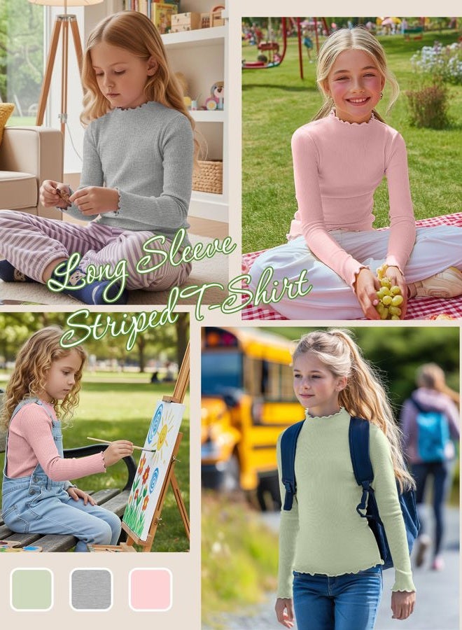 LessonZoo 3 Pack Girls Lettuce Trim Mock Neck Cotton Long Sleeve Shirts, 5-14 Years Ribbed Slim Tops Casual Layer Basic Tees, Light Pink, Light Gray, Light Green, 7-8 Years - Image 4