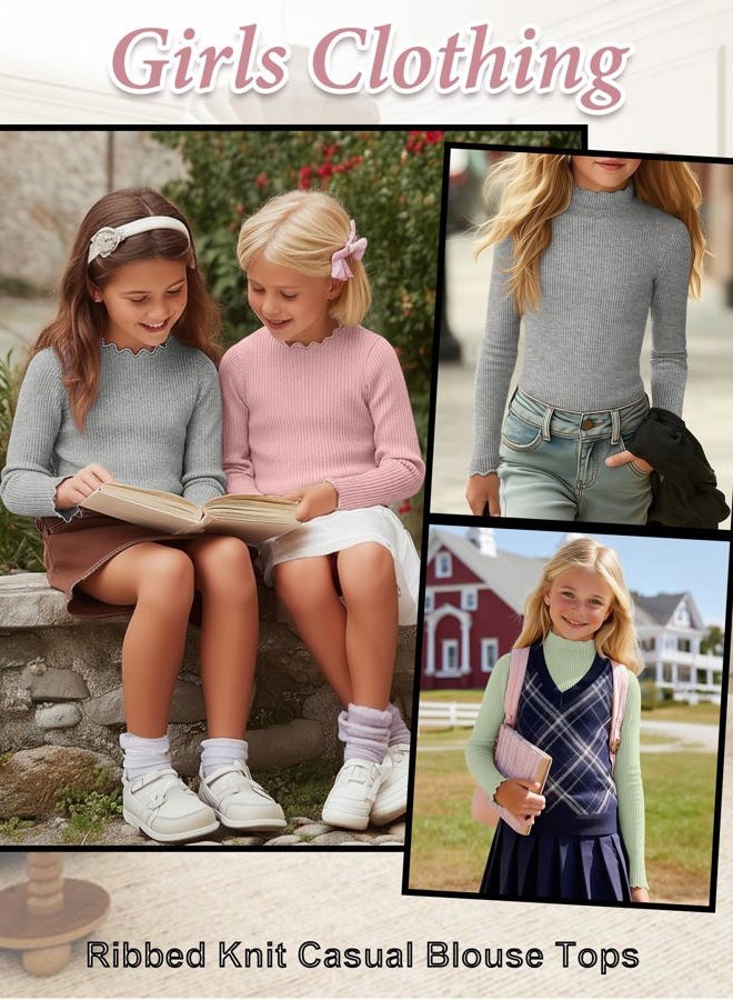 LessonZoo 3 Pack Girls Lettuce Trim Mock Neck Cotton Long Sleeve Shirts, 5-14 Years Ribbed Slim Tops Casual Layer Basic Tees, Light Pink, Light Gray, Light Green, 7-8 Years - Image 2