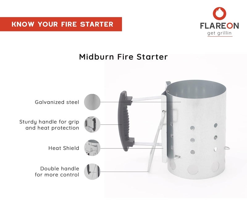 Flareon MIDBURN Barbeque BBQ Charcoal Grill Chimney Fire Starter Lighter Briquette Coal Fire Starter Accessory - Image 4