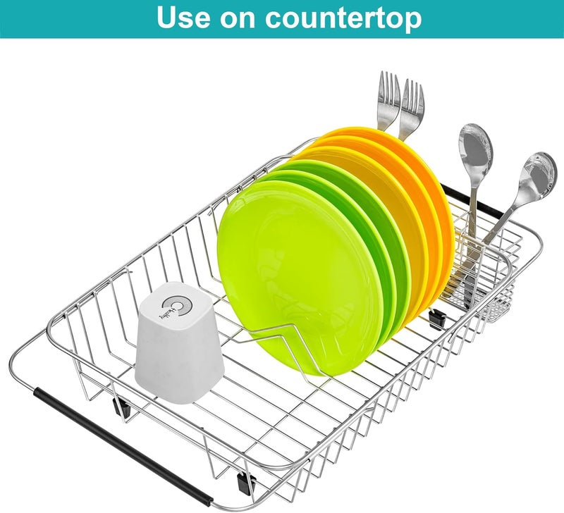 iPEGTOP Expandable Dish Drying Rack Organizer and Utensil Cutlery Holder 304 Stainless Steel Over Sink Dish Rack Dish Drainer in Sink or On Counter Rustproof - Image 2