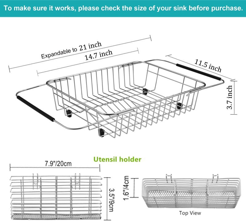 iPEGTOP Expandable Dish Drying Rack Organizer and Utensil Cutlery Holder 304 Stainless Steel Over Sink Dish Rack Dish Drainer in Sink or On Counter Rustproof - Image 5