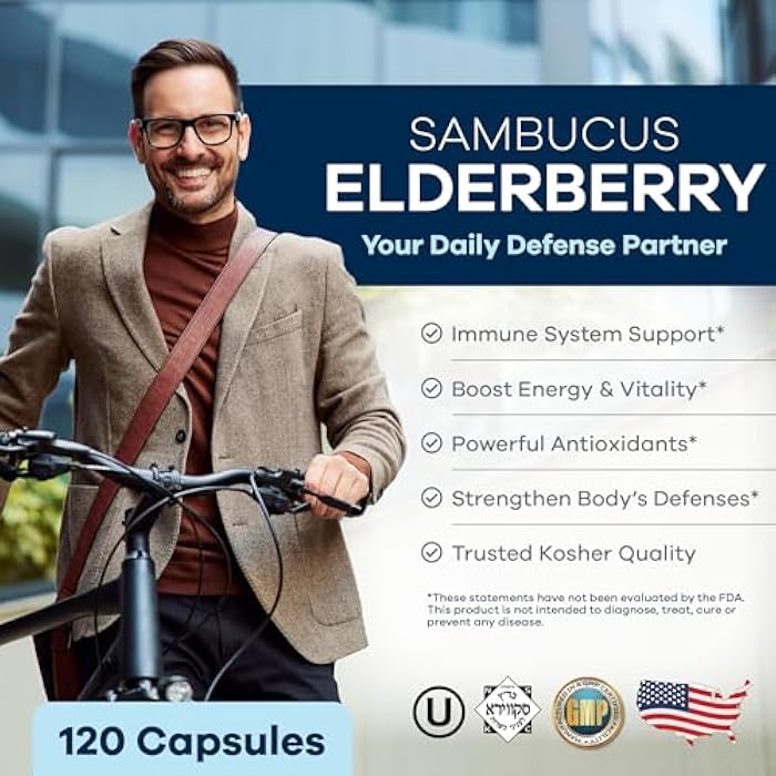 FREEDA Sambucus Elderberry with Vitamin C, Zinc, Vitamin D3 & Ginger - 5 in 1 Herbal Antioxidant Immune Support Supplement for Women & Men - Gluten Free Adult Elderberry Capsules, USA Made (120 Count) - Image 2