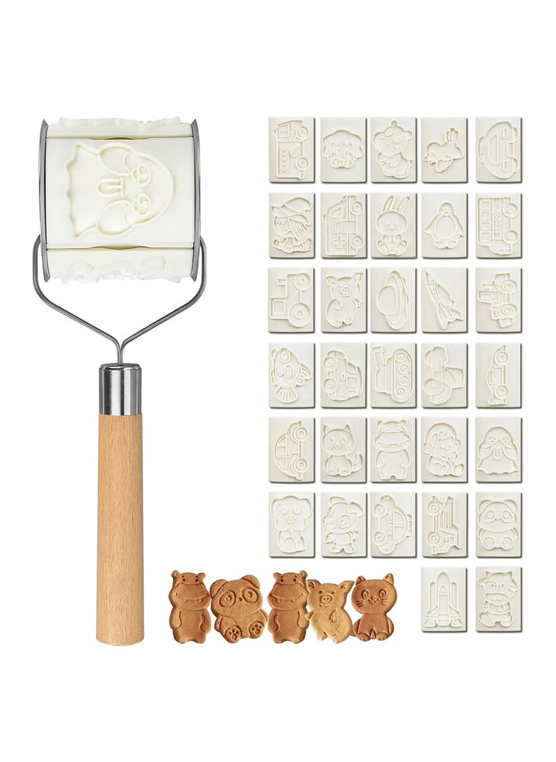Upgraded Embossing Rolling Pin With 32 3D Animal Cookie Molds, Plastic Cookie Cutters, Engraved Embossed Rolling Pin with Animals for Baking Cookies