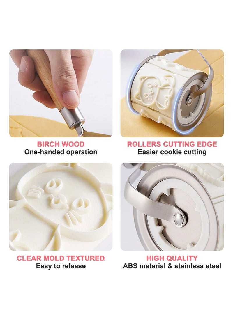 Upgraded Embossing Rolling Pin With 32 3D Animal Cookie Molds, Plastic Cookie Cutters, Engraved Embossed Rolling Pin with Animals for Baking Cookies