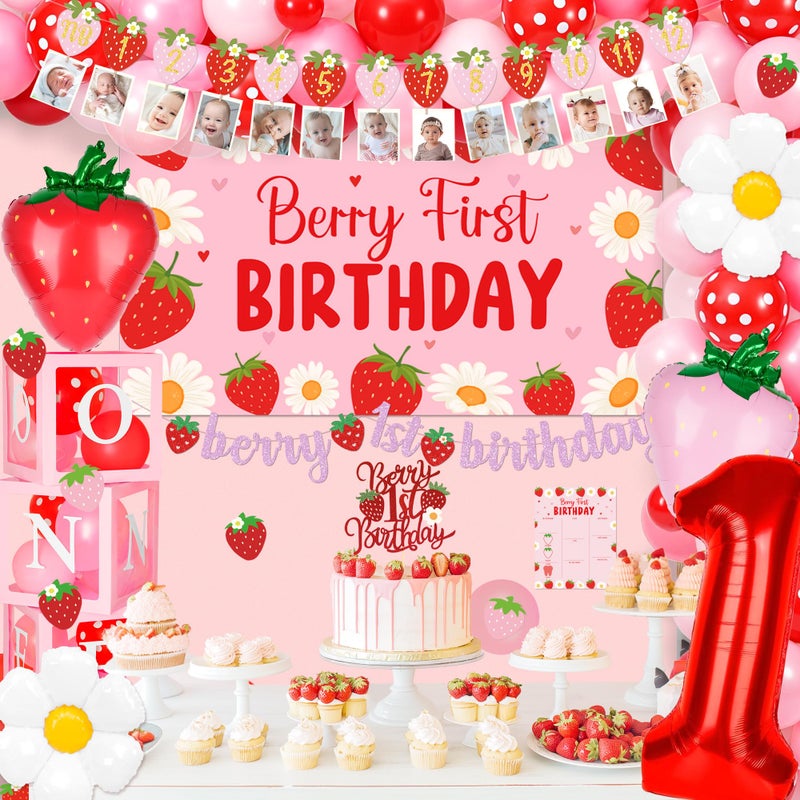 Kriyokiaa Berry First Birthday Decor Strawberry 1st Birthday Decorations for Girls with Balloon Arch, Highchair Banner Strawberry Theme Backdrop, Photo Banner, Cake Topper - Image 5