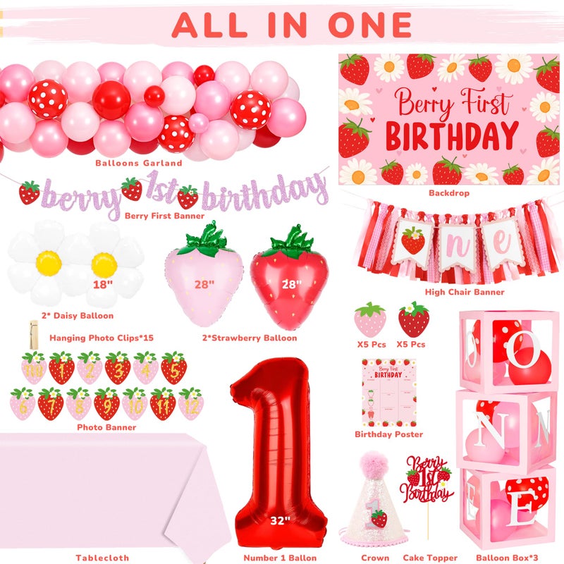Kriyokiaa Berry First Birthday Decor Strawberry 1st Birthday Decorations for Girls with Balloon Arch, Highchair Banner Strawberry Theme Backdrop, Photo Banner, Cake Topper - Image 2