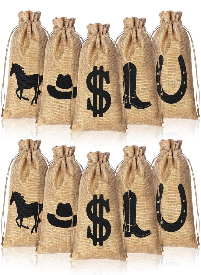 Vincreem 25 Pieces 6 x 10 Inch Western Horse Party Favor Horse Party Bags with Drawstring Reusable Burlap Pattern with Horseshoe, Cowboy Boots, Cowboy Hat Dollar Bags for Cowgirl Birthday Decor - Image 1