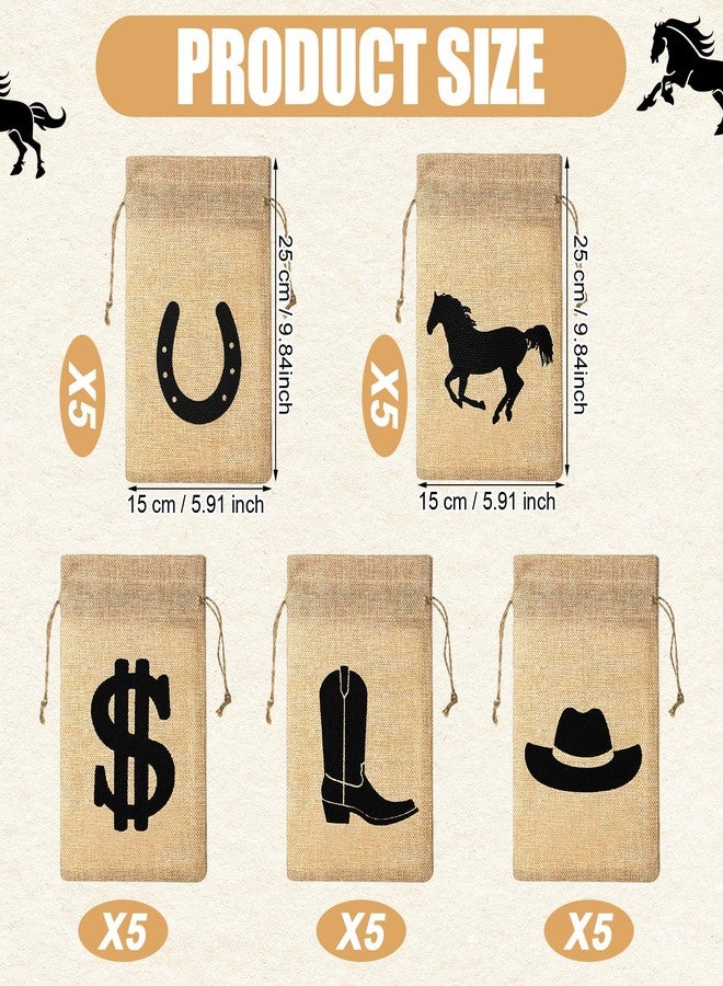 Vincreem 25 Pieces 6 x 10 Inch Western Horse Party Favor Horse Party Bags with Drawstring Reusable Burlap Pattern with Horseshoe, Cowboy Boots, Cowboy Hat Dollar Bags for Cowgirl Birthday Decor - Image 2