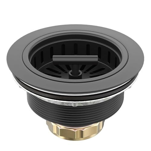 KONE Black Kitchen Sink Drain Matte Black Sink Strainer 3-1/2 Inch Drain Assembly Kit Replacement for Universal 3.5 Inch Kitchen Sink, All Stainless Steel Body with Strainer Basket and Drain Stopper - Image 1