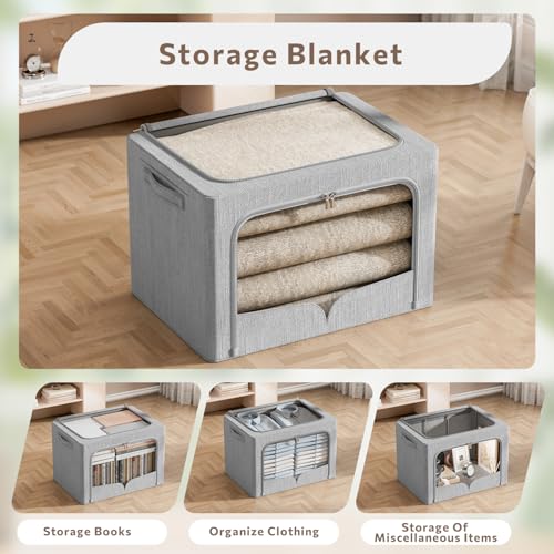 FHSQX 3 Pack Clothes Storage Bins Foldable Metal Frame Storage Box Extra Large Stackable Linen Fabric Organizer Set with Carrying Handles and Clear Window (Light Gray, 23.6x16.5x15.7inch(100L)) - Image 4